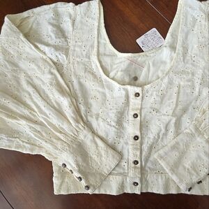 Free People Cream Long Sleeve Eyelet Crop Blouse